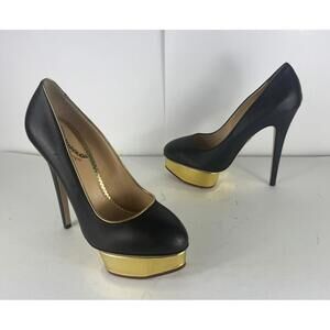CHARLOTTE OLYMPIA Dolly Black & Gold Leather Platform Pumps EU 40 US 10